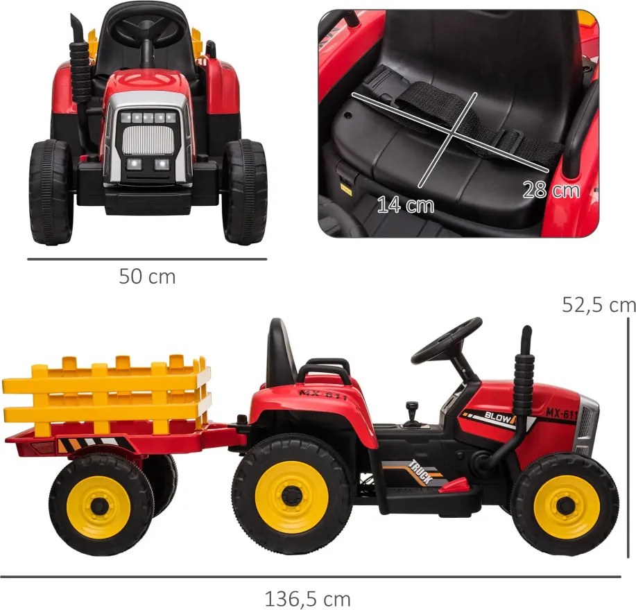HOMCOM Elektromos gyerekautó, gyerek traktor, szülői távirányítóval, max. 6 km/h sebesség; piros-fekete