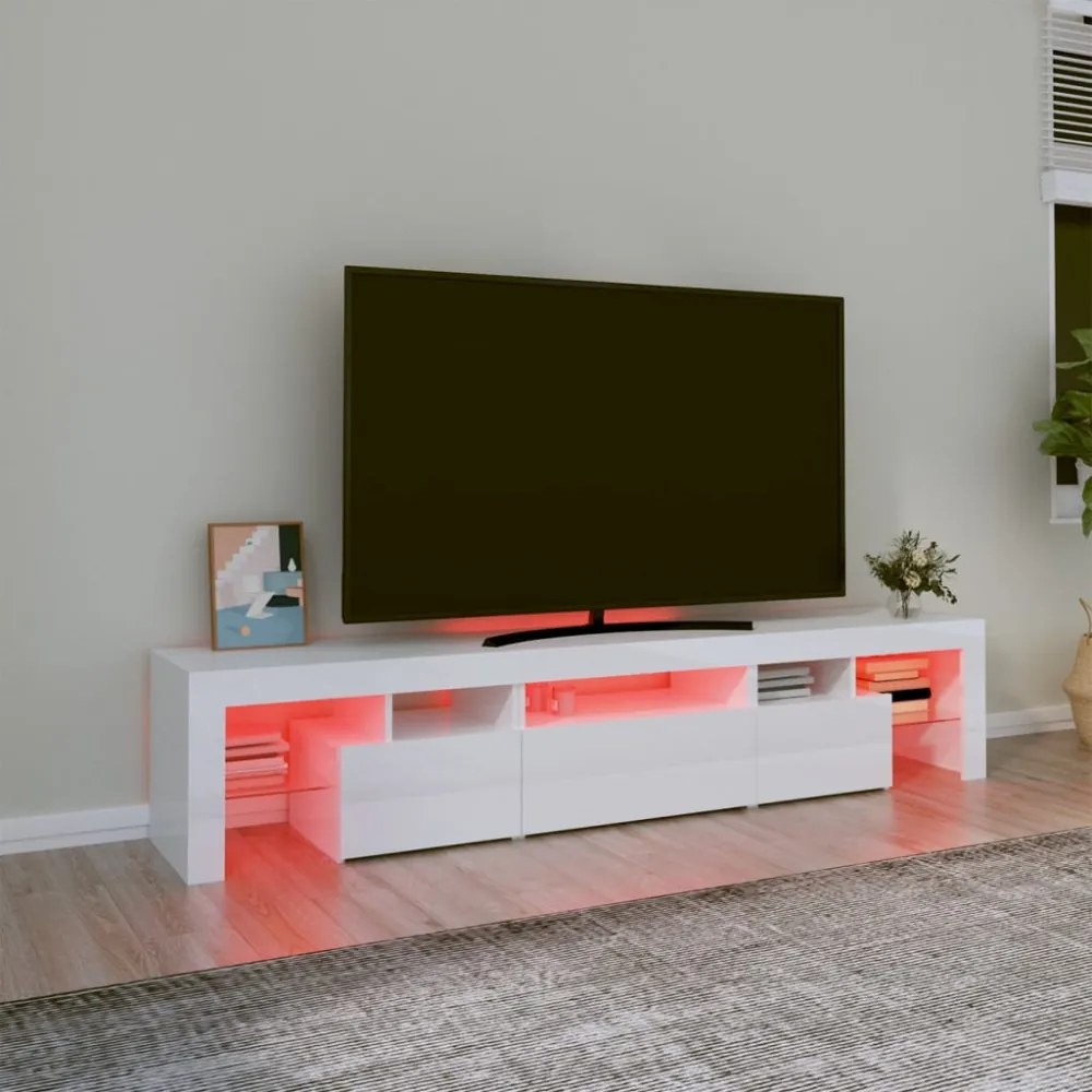 magasfényű fehér TV-szekrény LED lámpákkal 200x36,5x40 cm