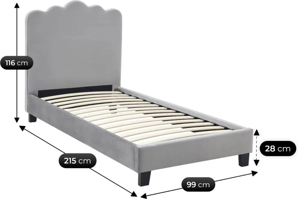 Ágy 90x200 cm méretben, szürke színben, velúr kárpittal CRATER