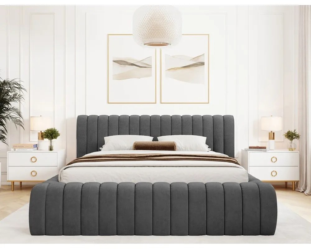 Sötétszürke kárpitozott ágyneműtartós franciaágy ágyráccsal 160x200 cm Carilla – ELTAP