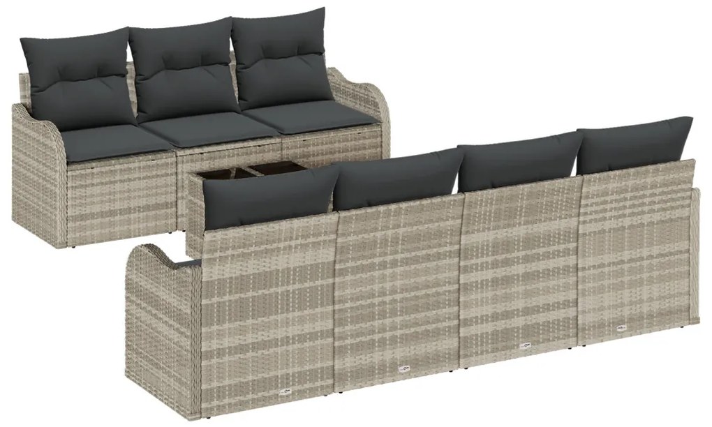 8 részes kerti kanapé szett párnákkal világosszürke poli rattan, 2 személyes kerti kanapé párnákkal világosszürke poli rattan