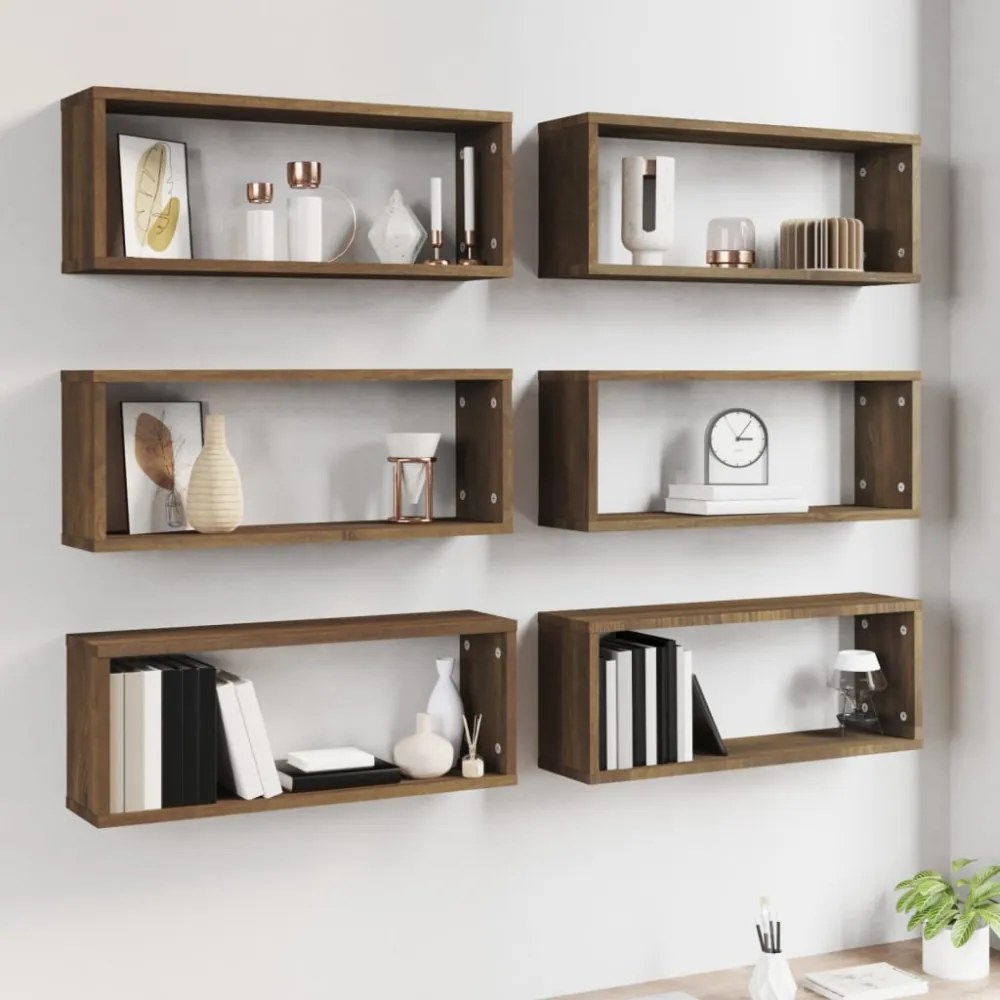 6 db barna tölgy színű szerelt fa fali kockapolc 60x15x23 cm