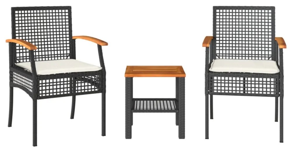 vidaXL 3 részes fekete polyrattan és akácfa bisztrószett párnákkal