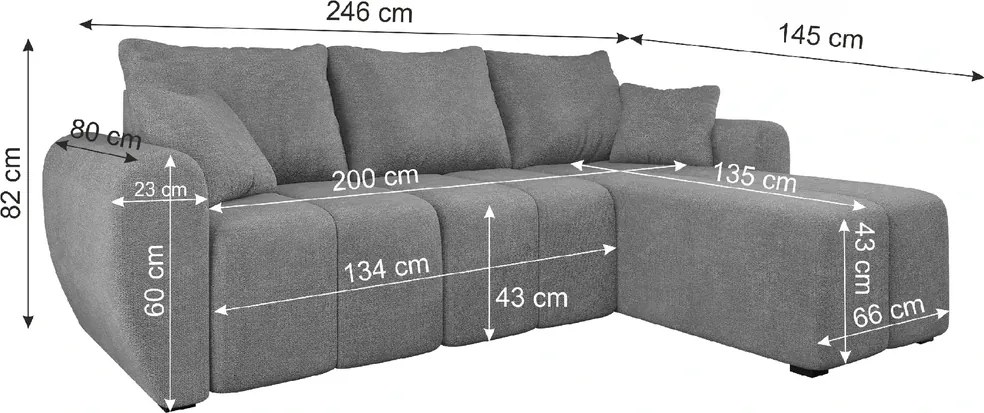 SEVIO L alakú kihúzható sarokkanapé, 246x145 cm, sötétszürke, univerzális + 2 párna INGYEN