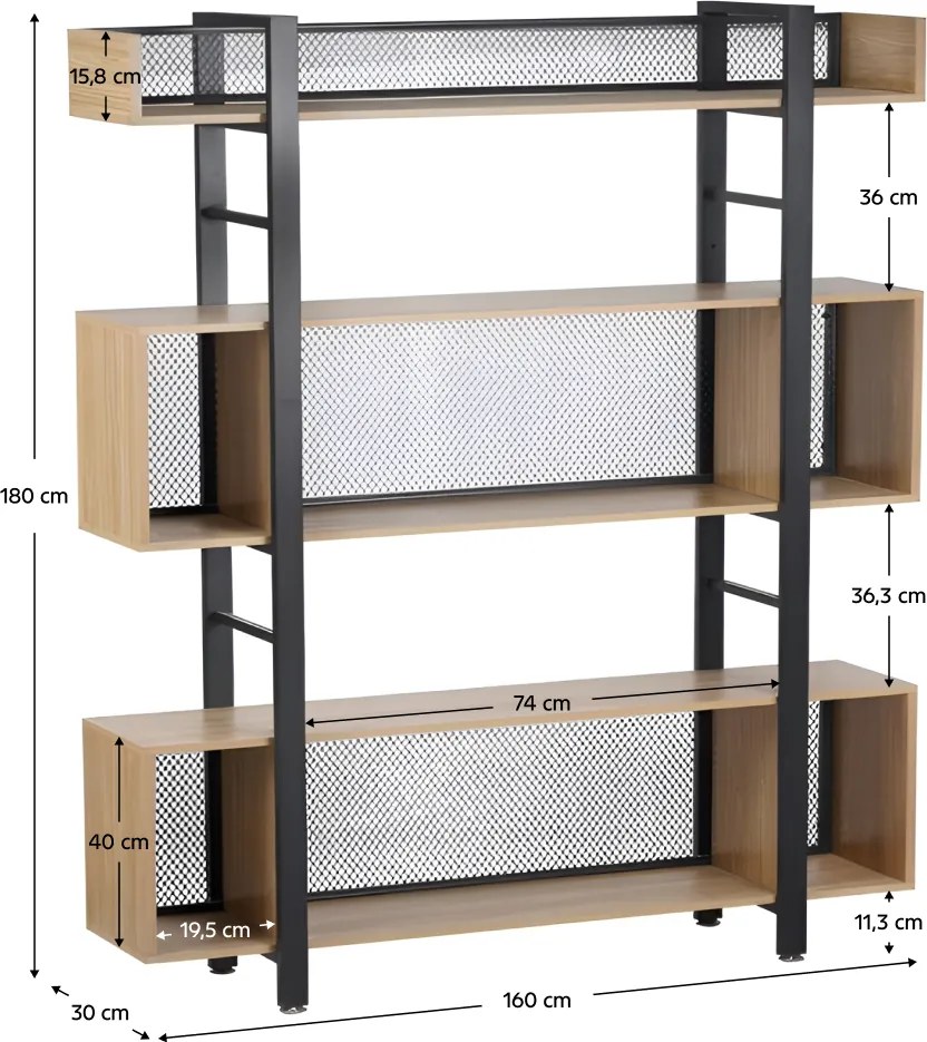 3 polcos polcállvány, tölgy/fekete, KILIS NEW TYP 4