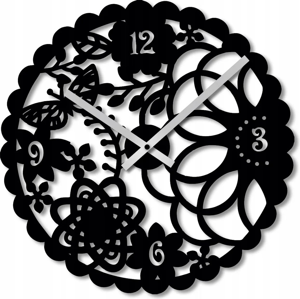 Falióra 40 cm Fa Falióra Nagy Fekete Pillangók Virágok 3D