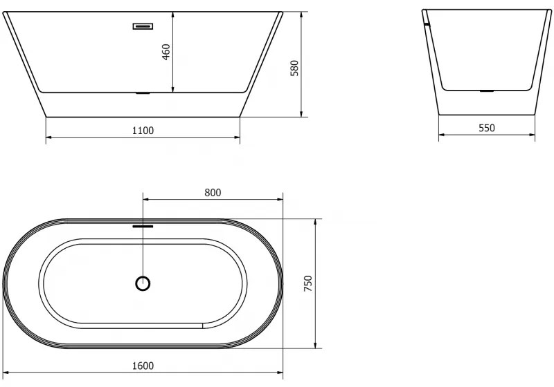 Mexen Flavia, szabadon álló kád 160 x 75 cm, fehér-fekete, grafit túlfolyó, 54031608075-66