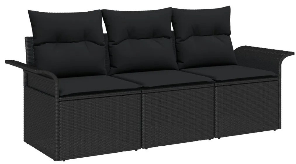 3 darabos kertkanapé szett párnákkal fekete poli rattan, 2 férőhelyes kertkanapé tárolóval és párnákkal fekete poli rattan