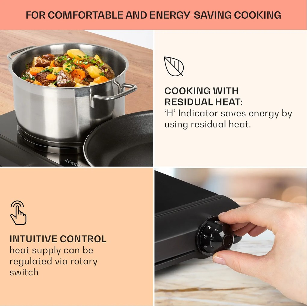 Klarstein Cookbuddy, főzőlap, 2400 W, 2 főzőlap, 5 teljesítményszint, üvegkerámia