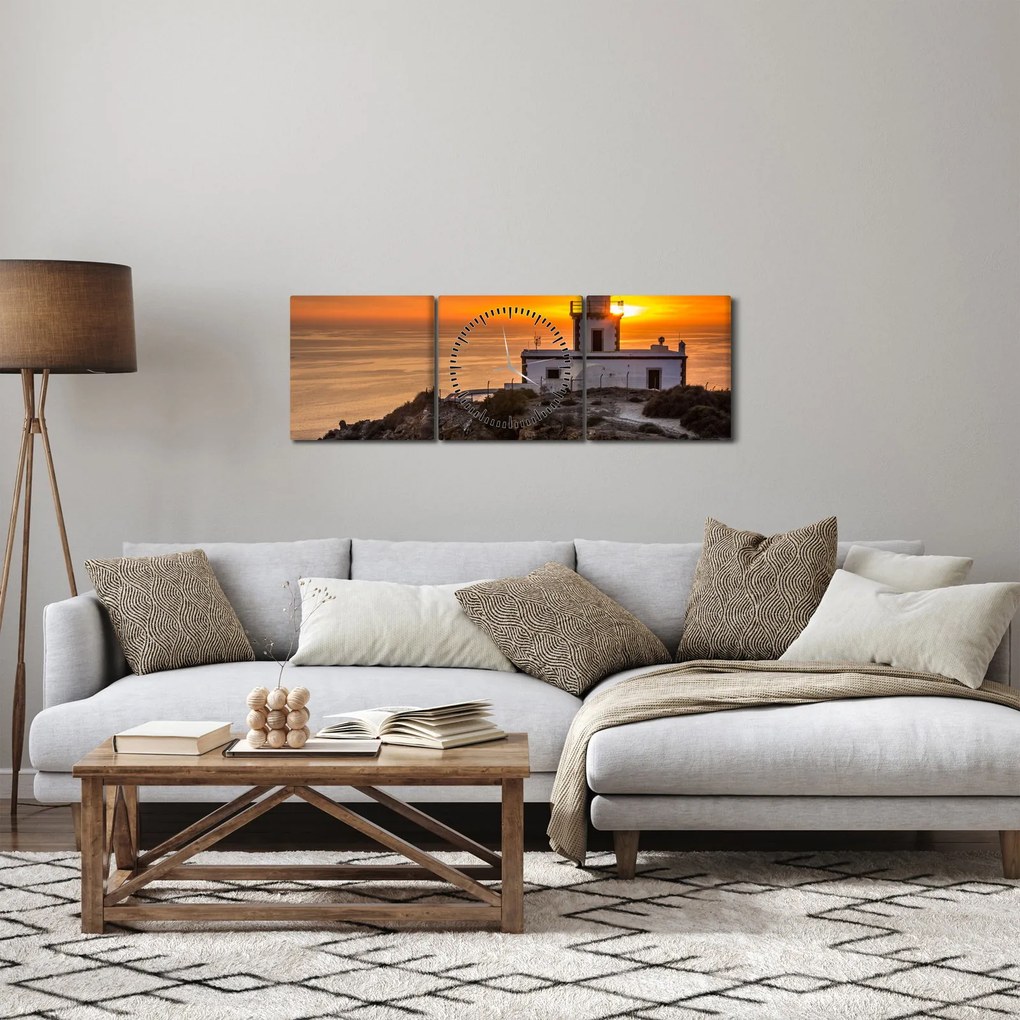 Világítótorony naplementekor képe (órával) (90x30 cm)