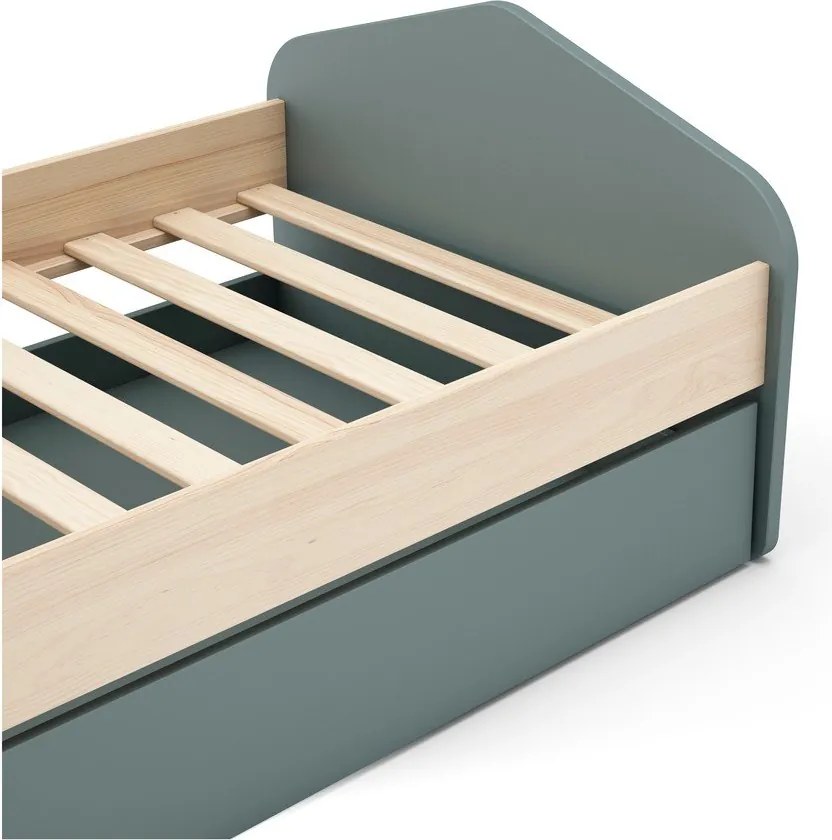 Natúr színű-szürkészöld ágyneműtartós gyerekágy kihúzható pótággyal ágyráccsal 90x200 cm borovi fenyő dekorral Estefania – Marckeric