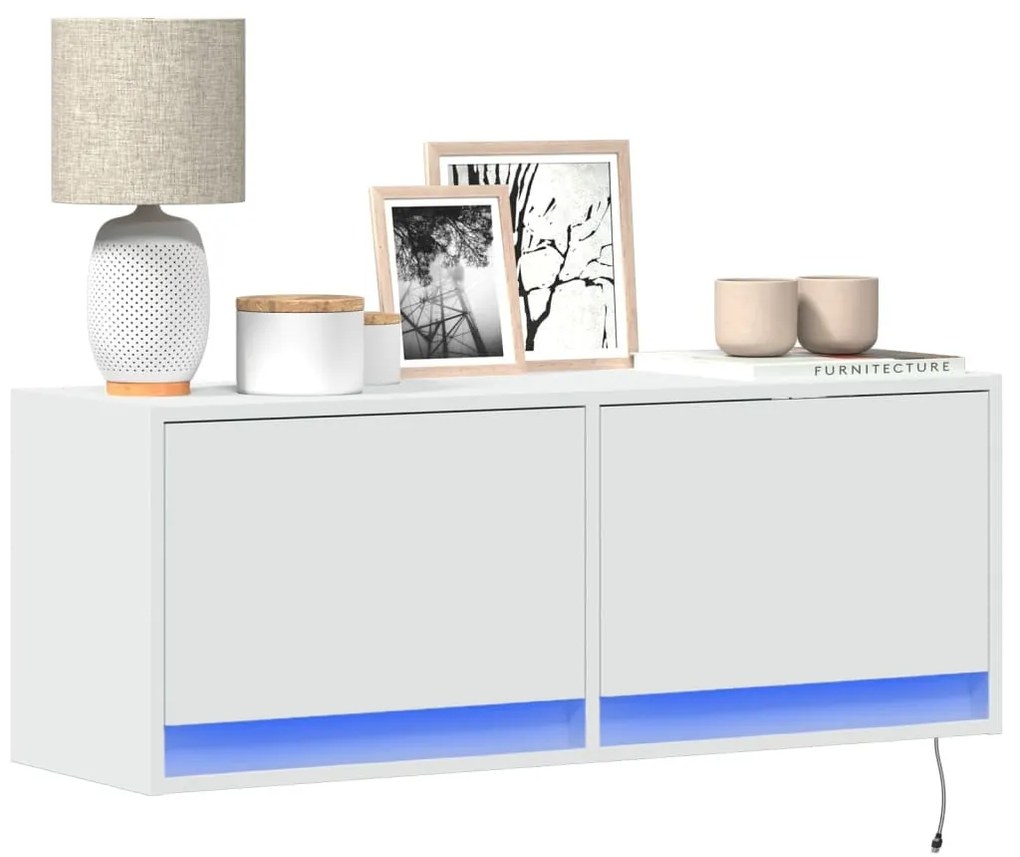 fehér falra szerelhető TV-szekrény LED-lámpákkal 100x31x35 cm