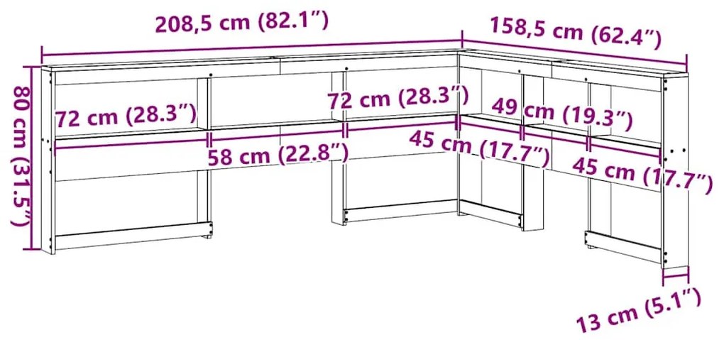 Könyvespolc fejtámla L-alakú fehér 140 cm tömör fa fenyőfa