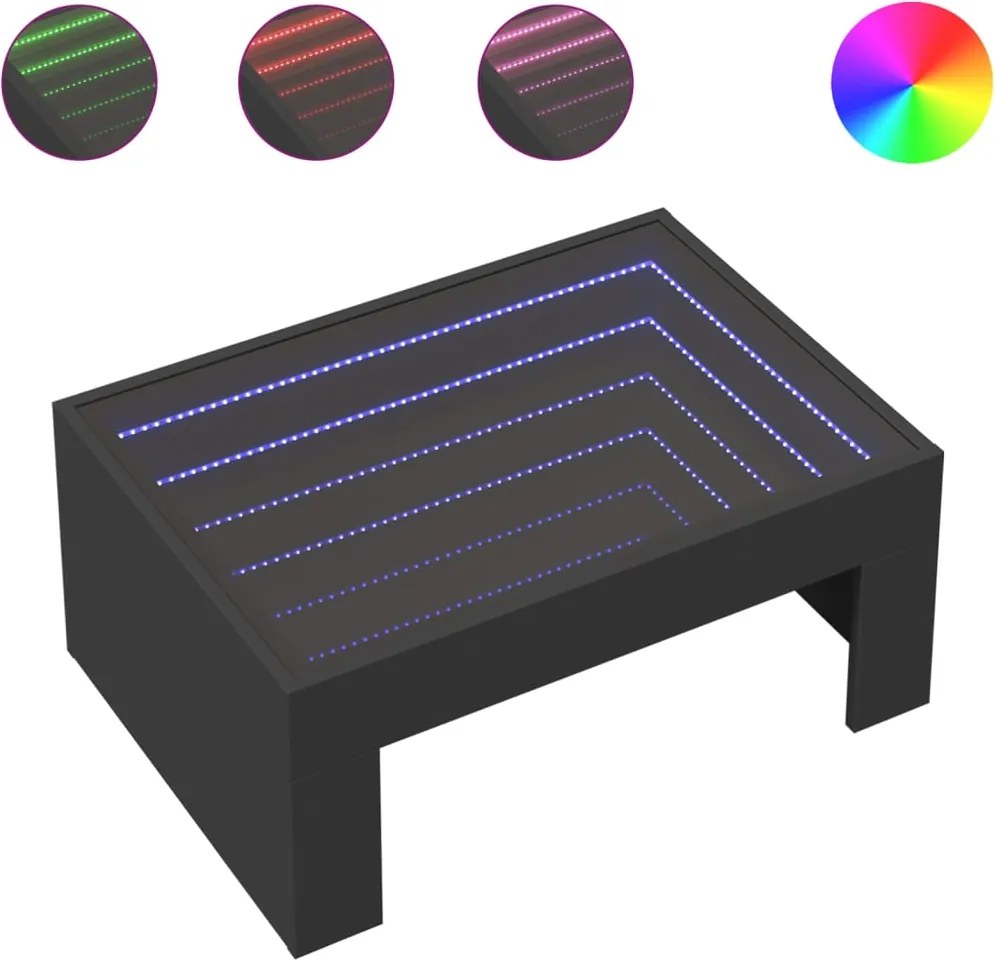 vidaXL fekete végtelen hatású LED-es dohányzóasztal 70 x 50 x 30 cm