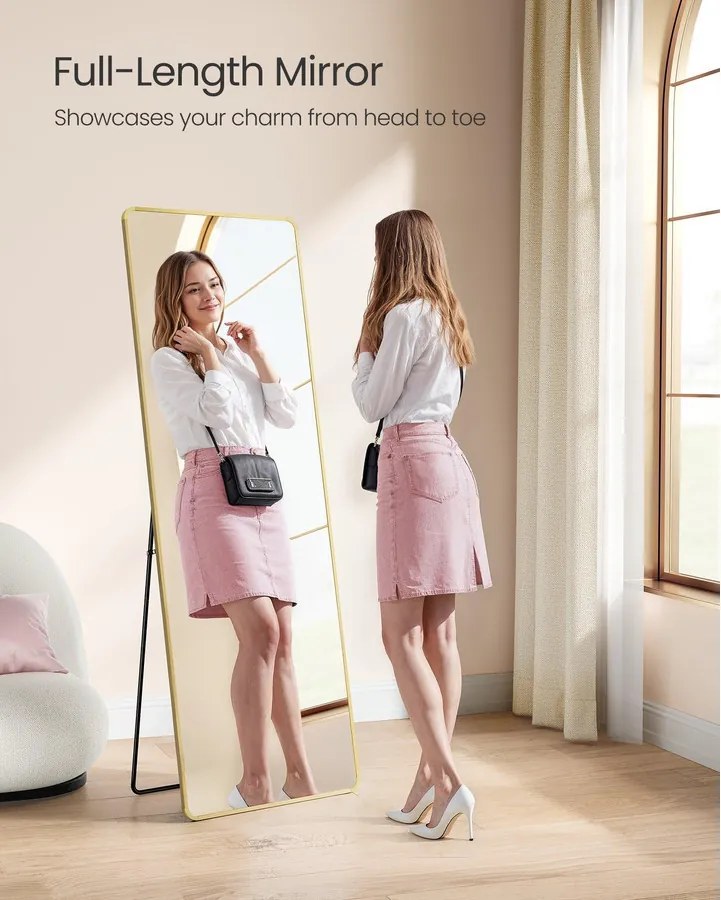 Álló tükör alumínium kerettel, edzett üvegből, világos arany színben