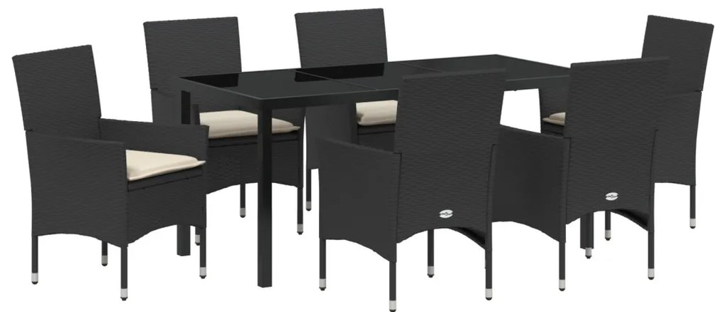 7 Darabos Kerti Étkezőszett Párnákkal Fekete Polirattan, Kerti Asztal Fekete 160x80x73 cm Edzett Üveg
