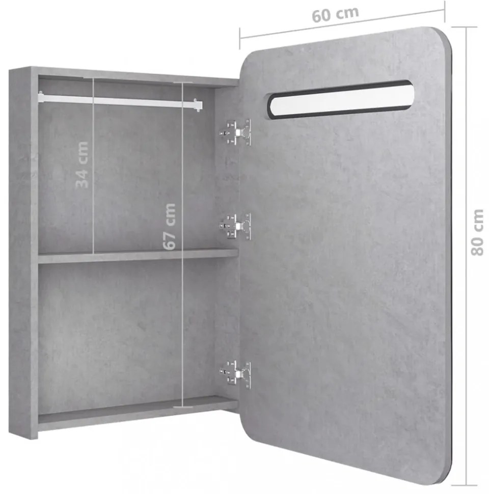 betonszürke LED-es tükrös fürdőszobaszekrény 60 x 11 x 80 cm