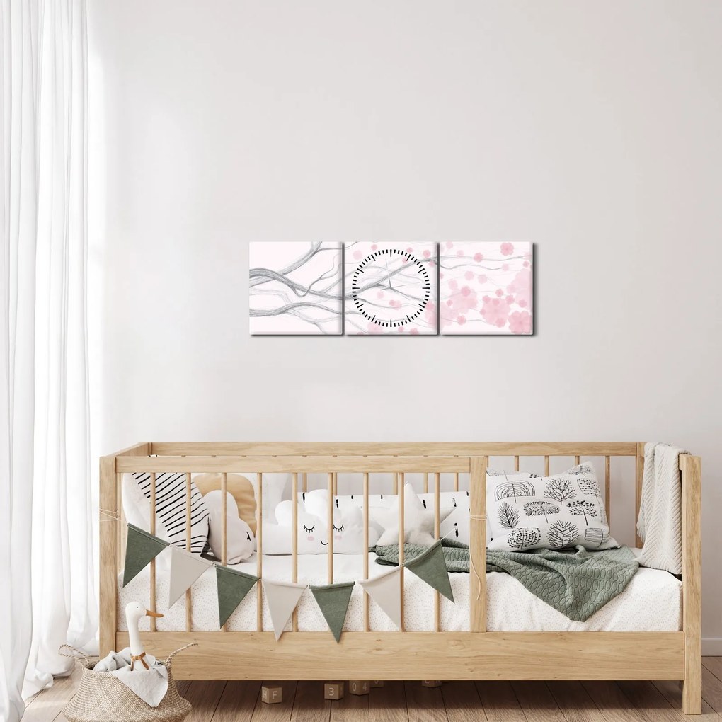 Kép - rózsaszín virágok (órával) (90x30 cm)