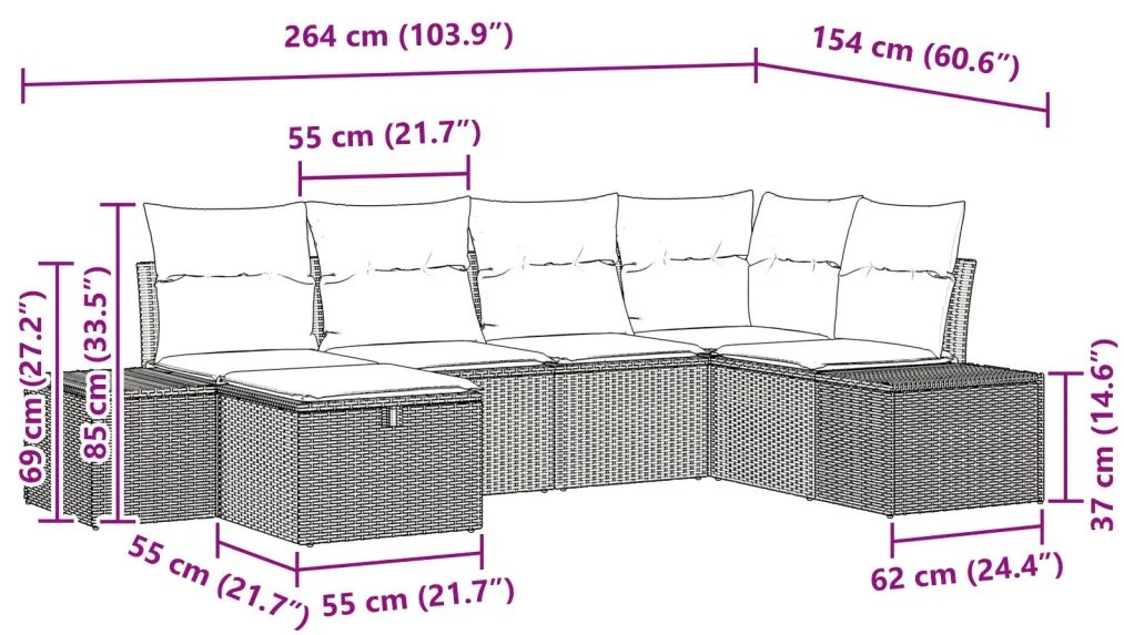 6 darabos kerti kanapészett párnákkal bézs poli rattanból