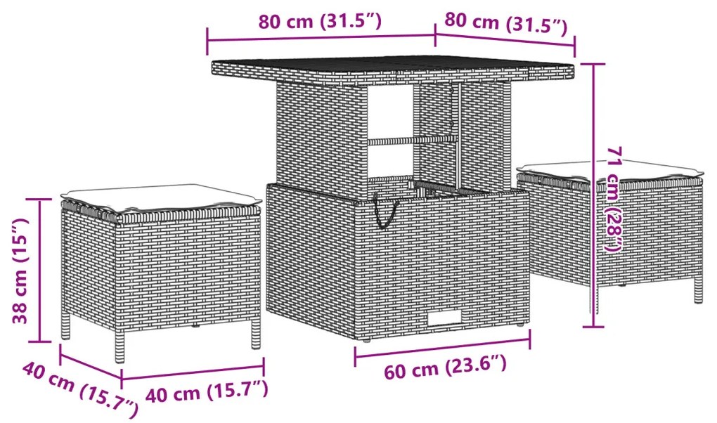 9 részes kerti kanapé készlet párnákkal Szürke Poli Rattan Akác, 3 részes kerti étkező készlet párnákkal Szürke Poli Rattan Akác