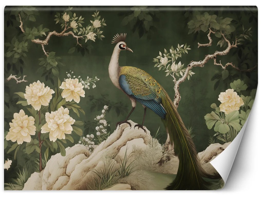 Gario Fotótapéta Keleti páva zöld alapon Anyag: Vlies, Méret: 300 x 210 cm