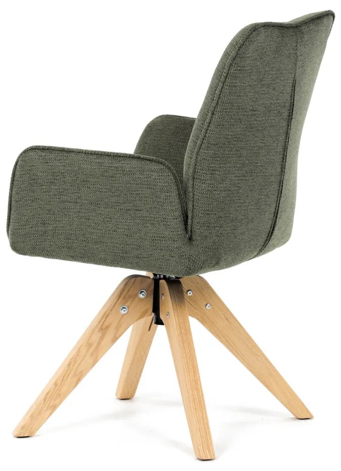 Scaun de sufragerie cu cotiere, din material verde hidrofug, cu picioare de stejar, rotativ la 360°