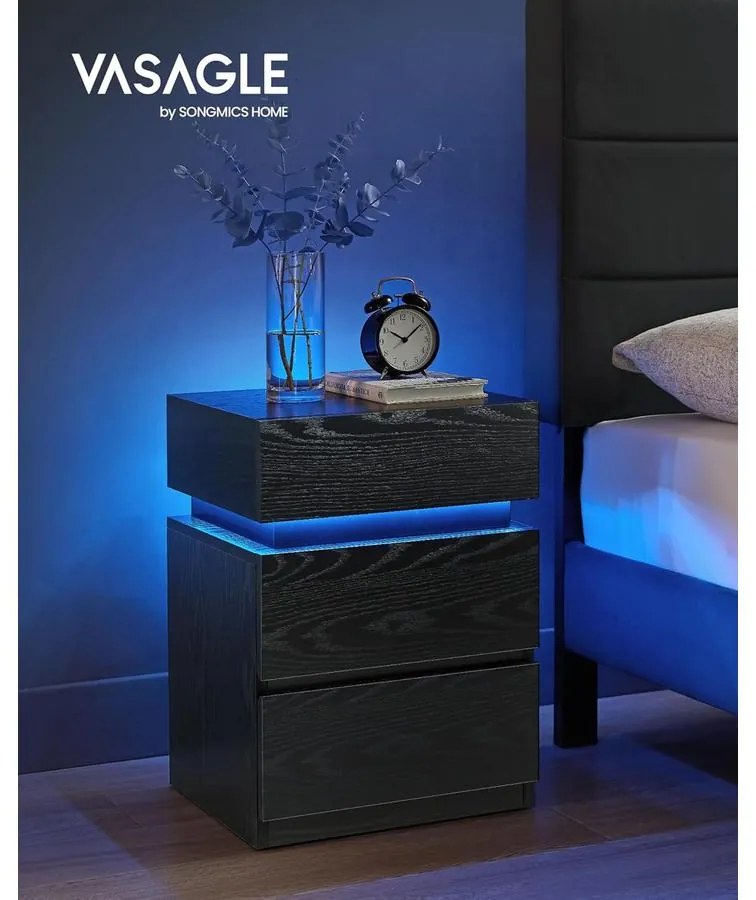 VASAGLE éjjeliszekrény LED világítással, állítható színű fény, 3 fiókos oldalasztal, 35 × 40 × 55 cm, fekete