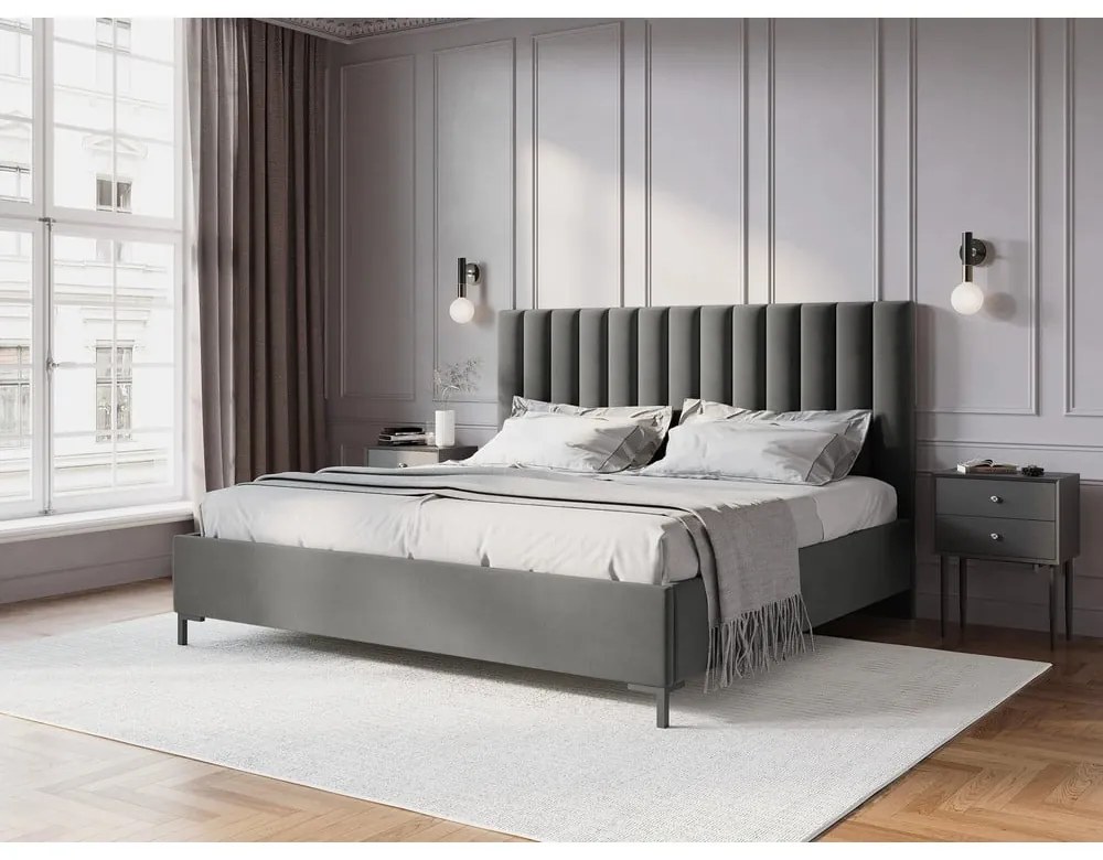 Szürke kárpitozott ágyneműtartós franciaágy ágyráccsal 180x200 cm Casey – Mazzini Beds
