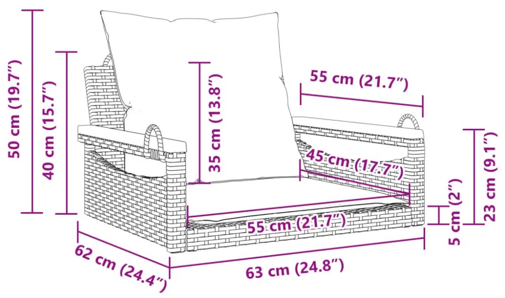 szürke polyrattan hintapad párnákkal 63 x 62 x 40 cm
