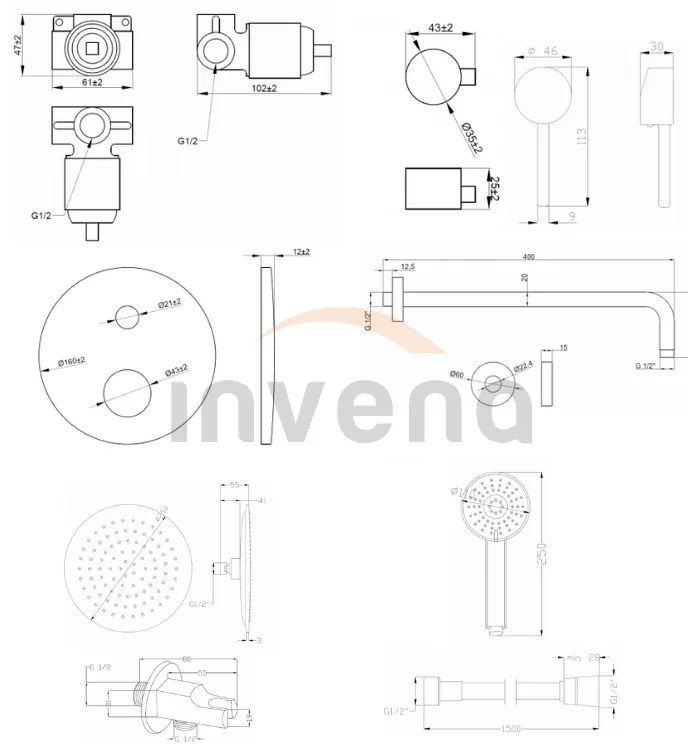Invena Dafni, rejtett zuhanygarnitúra kézi és fejzuhannyal 25 cm, fekete matt, INV-BS-88-014-A