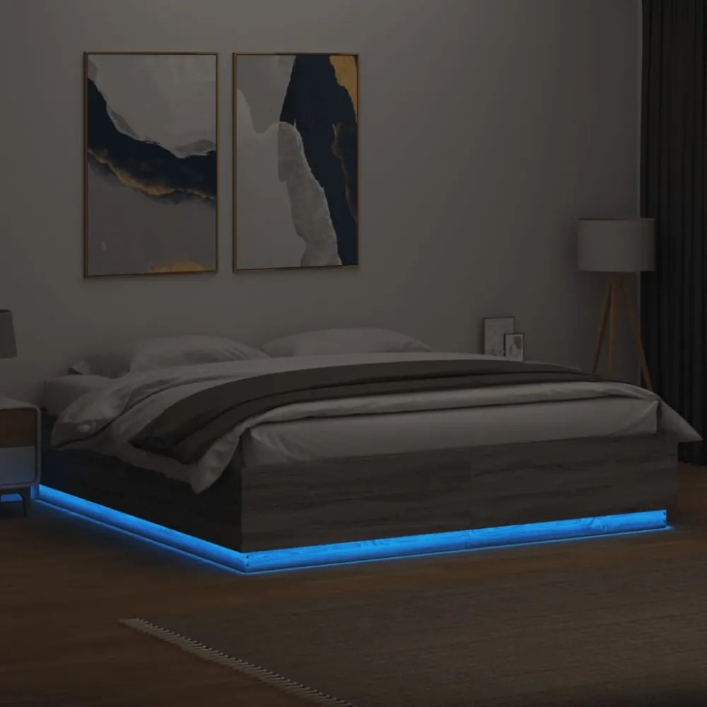szürke sonoma színű szerelt fa ágykeret LED-del 200x200 cm