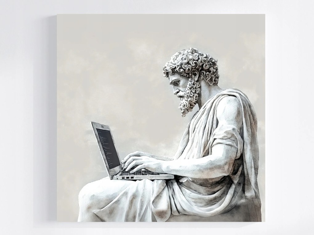 Vászonkép Canvas Szobor Figura Filozófus Laptop Kód Informatikai Program 40x40