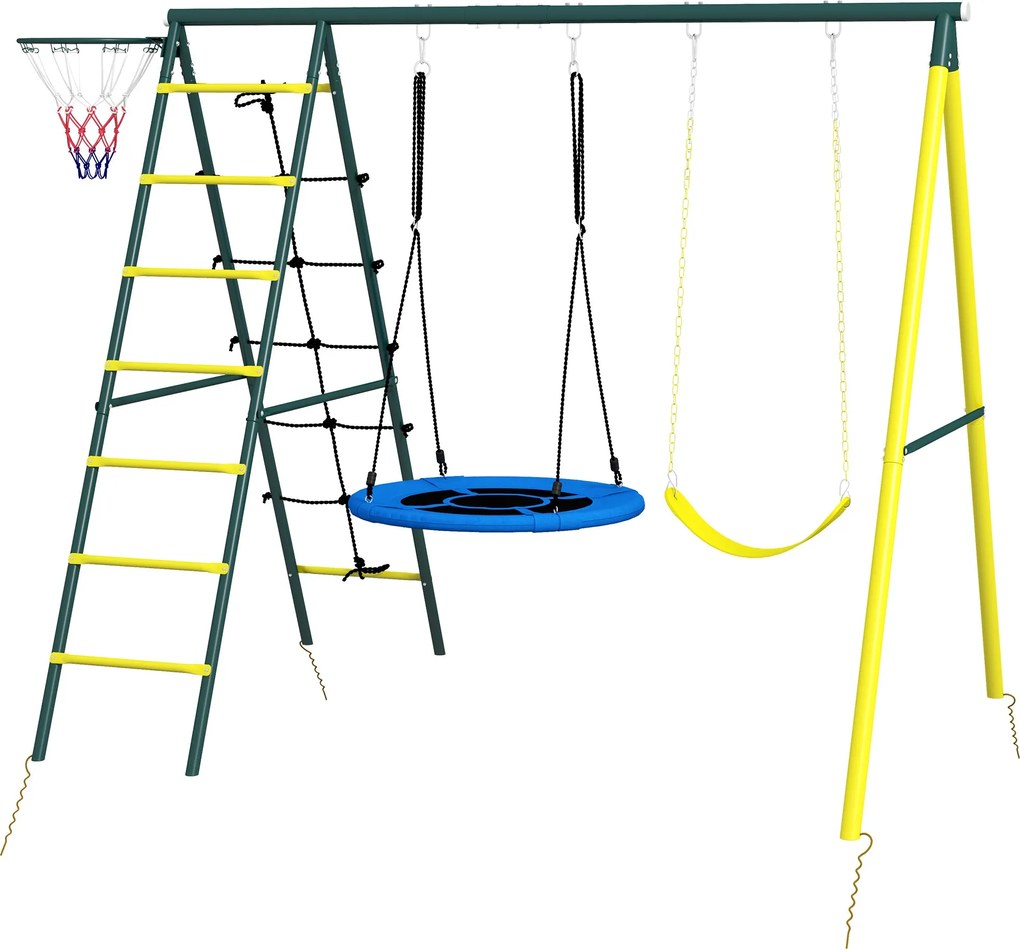 Outsunny Gyerek Hintaállvány, 4 az 1-ben Hinta Keret 2 Hintával, Kosárlabdapalánkkal, Mászó Lépcsővel, Kerti Hinta 3-8 Éves Gyerekeknek, Acél, Sárga |