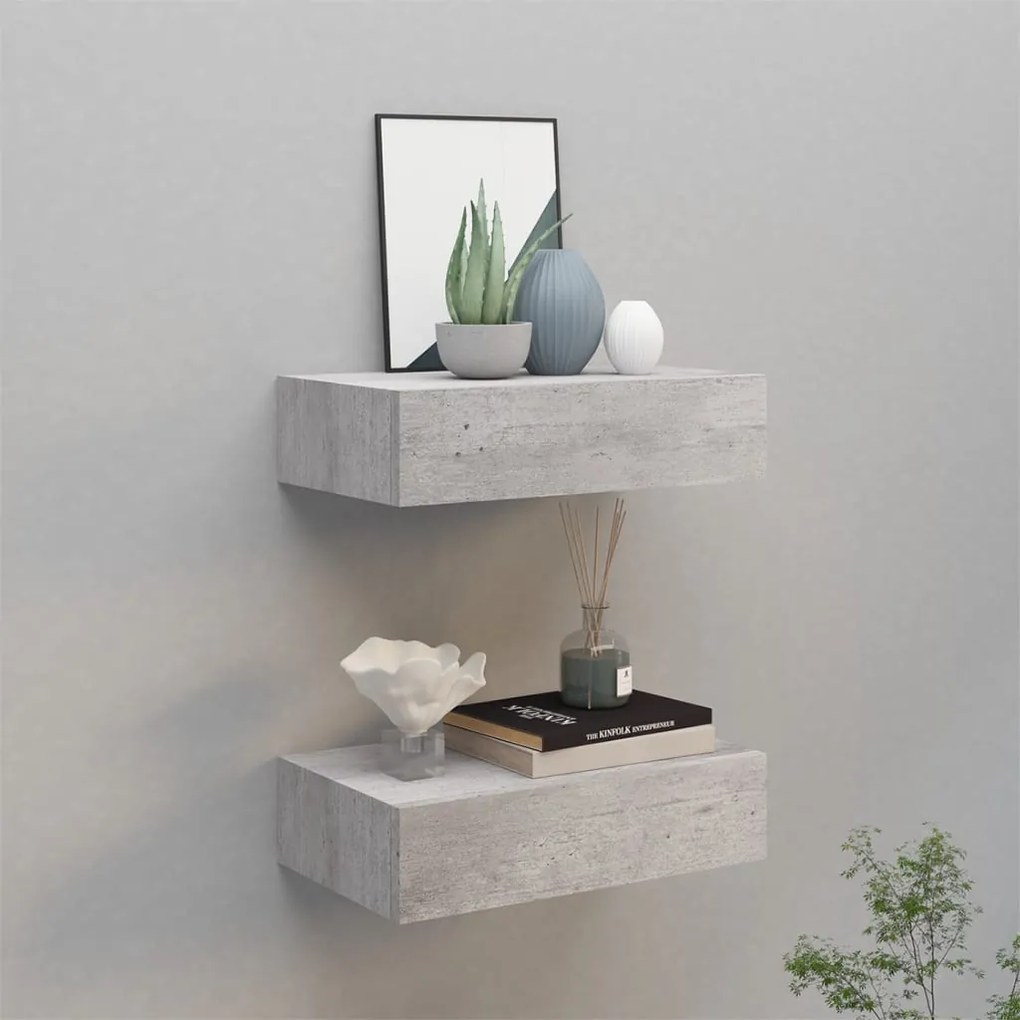 2 db betonszürke MDF falra szerelhető fiókos polc 40x23,5x10 cm