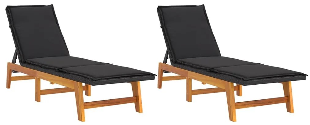 2 db polyrattan és tömör akácfa napozóágy párnával