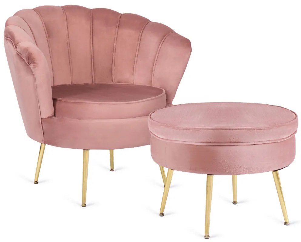 Elegáns Fotel Lábtartóval Rózsaszín Bársony Kárpittal. GRAND