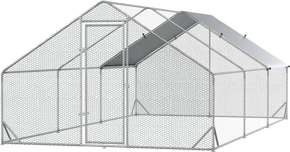 PawHut Tyúkól Tyúkfuttató Acélból, 300 x 600 x 200 cm Tyúk Cage Fedéllel, Ajtóval, Tyúkfuttató 12-18 Tyúknak, Kistermelőknek, Ezüst | Aosom