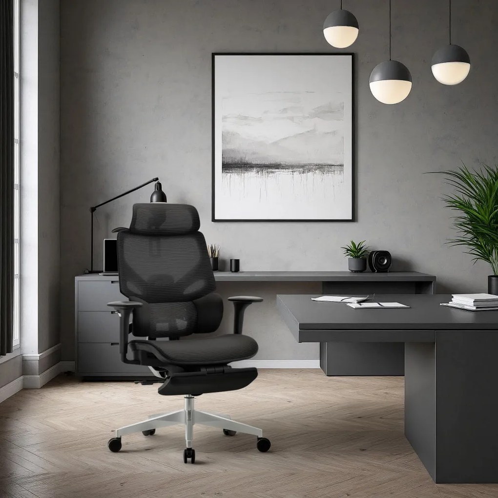 Felbontott Irodai prémium szék, hálós ergonomikus lábtartóval fekete