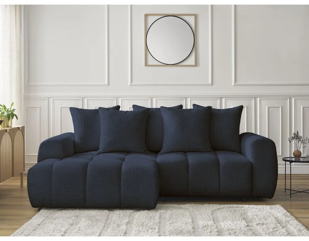 Kék buklé kinyitható-tárolóhelyes sarokkanapé (bal oldali-heverő résszel) Roxelane – Bobochic Paris