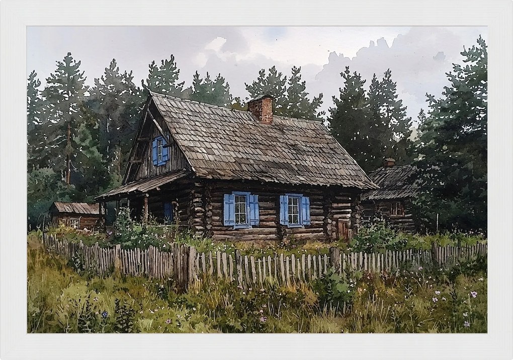 Poszter Keret Fa Tájkép Alföld Falu Skanzen Ház Kunyhó Kert 60x40