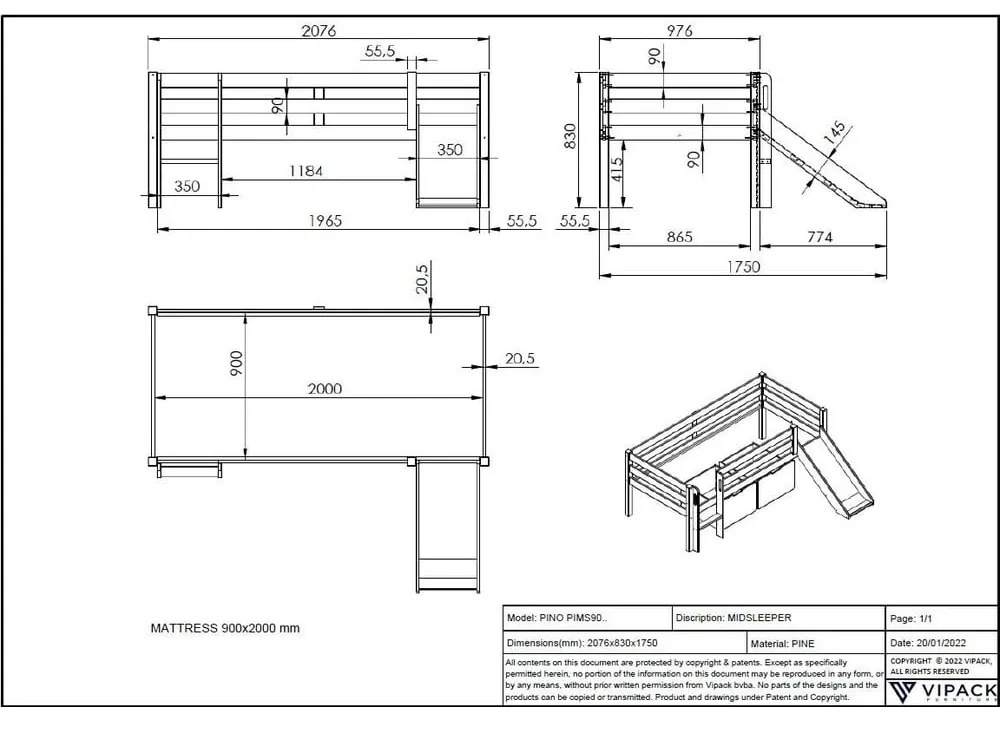 Pino fehér magasított gyerekágy csúszdával, 90 x 200 cm - Vipack