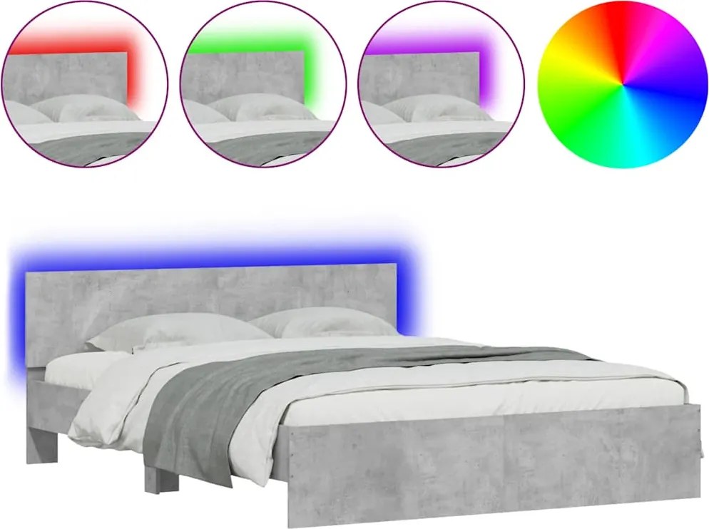 vidaXL betonszürke ágykeret fejtámlával és LED-del 150x200 cm