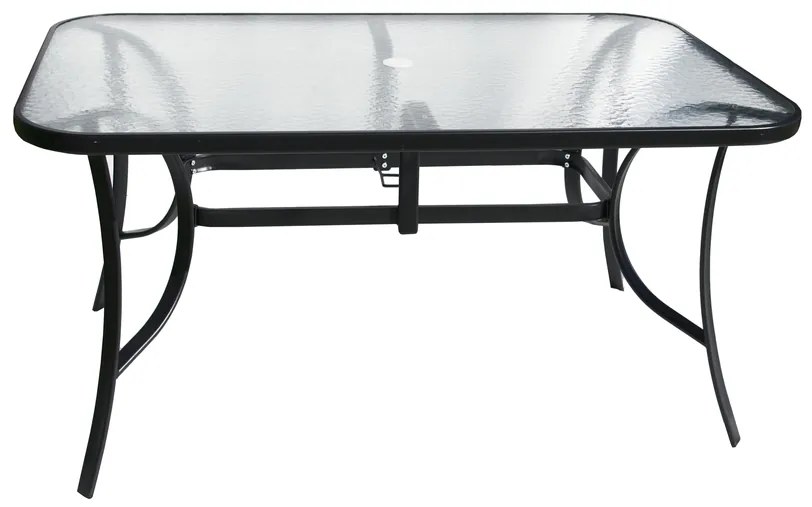 ROJAPLAST XT1012T fém kerti üvegasztal napernyőlyukkal, 150x90x72cm - átlátszó