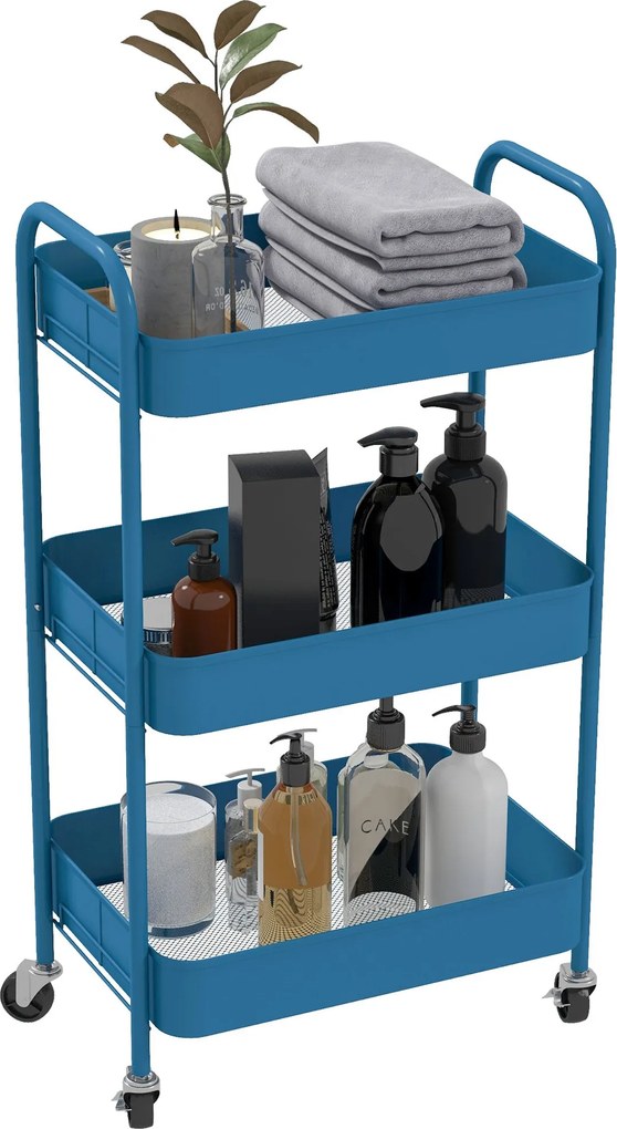 HOMCOM Görgős Segédkocsi 3 Kosárral és Acél Vázal Nappalihoz, Hálószobához, Irodához, Konyhához 45x30.6x79 cm | Aosom