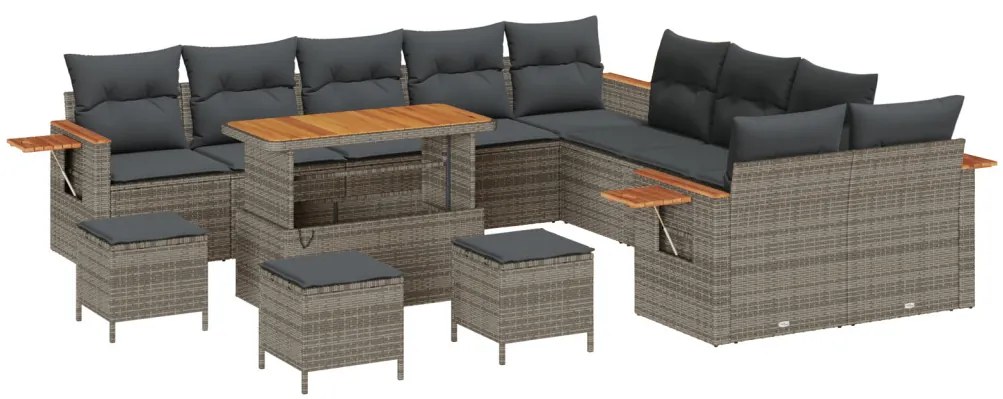 14 darabos kerti sofa szett párnákkal szürke poli rattan akác, 4 darabos kerti étkező szett párnákkal szürke poli rattan akác