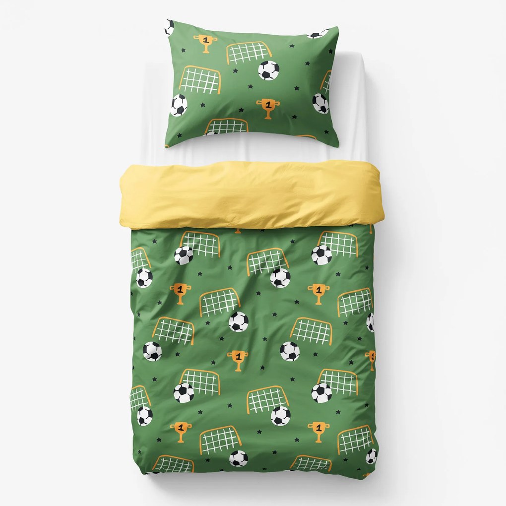 Goldea gyermek pamut ágyneműhuzat duo - futballvilág, sárga hátoldal 150 x 200 és 50 x 60 cm