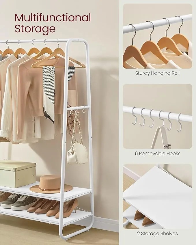 Acélvázas ruhafogas állvány, 45 x 100 x 160 cm, fehér