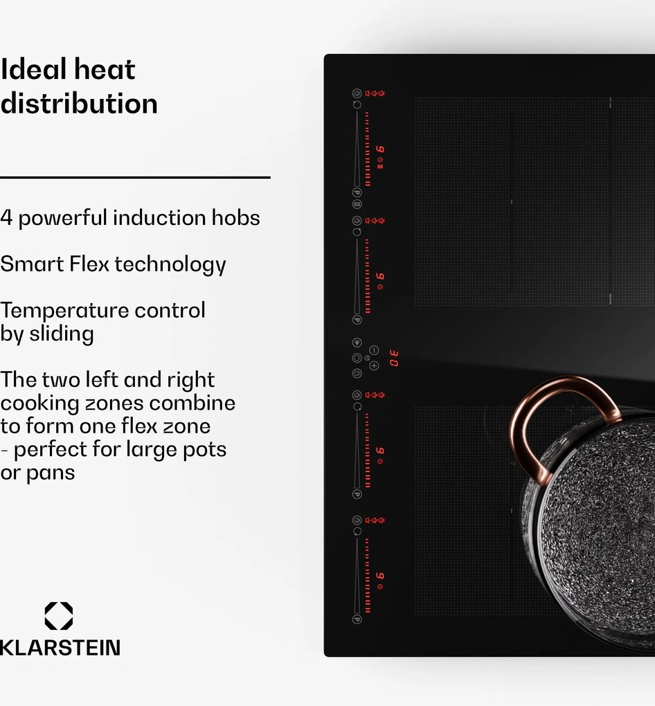 Klarstein Masterzone 60 Flex, indukciós főzőlap, max. 9600 W, beépített, 4 Flex zóna, ThermoBoost technológia, Smart Flex