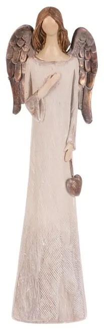 Poliresin angyal szívvel, 20 cm, bézs színű