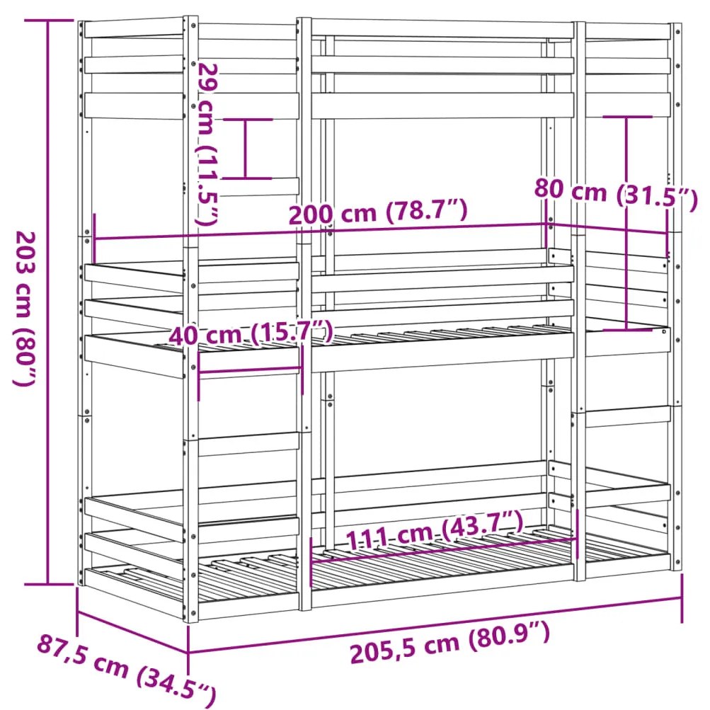 fehér tömör fenyőfa hármas emeletes ágy 80 x 200 cm
